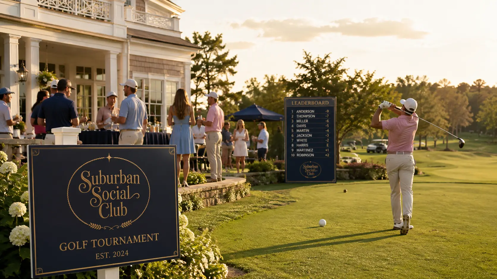Golfer teeing off at a clubhouse course at sunset