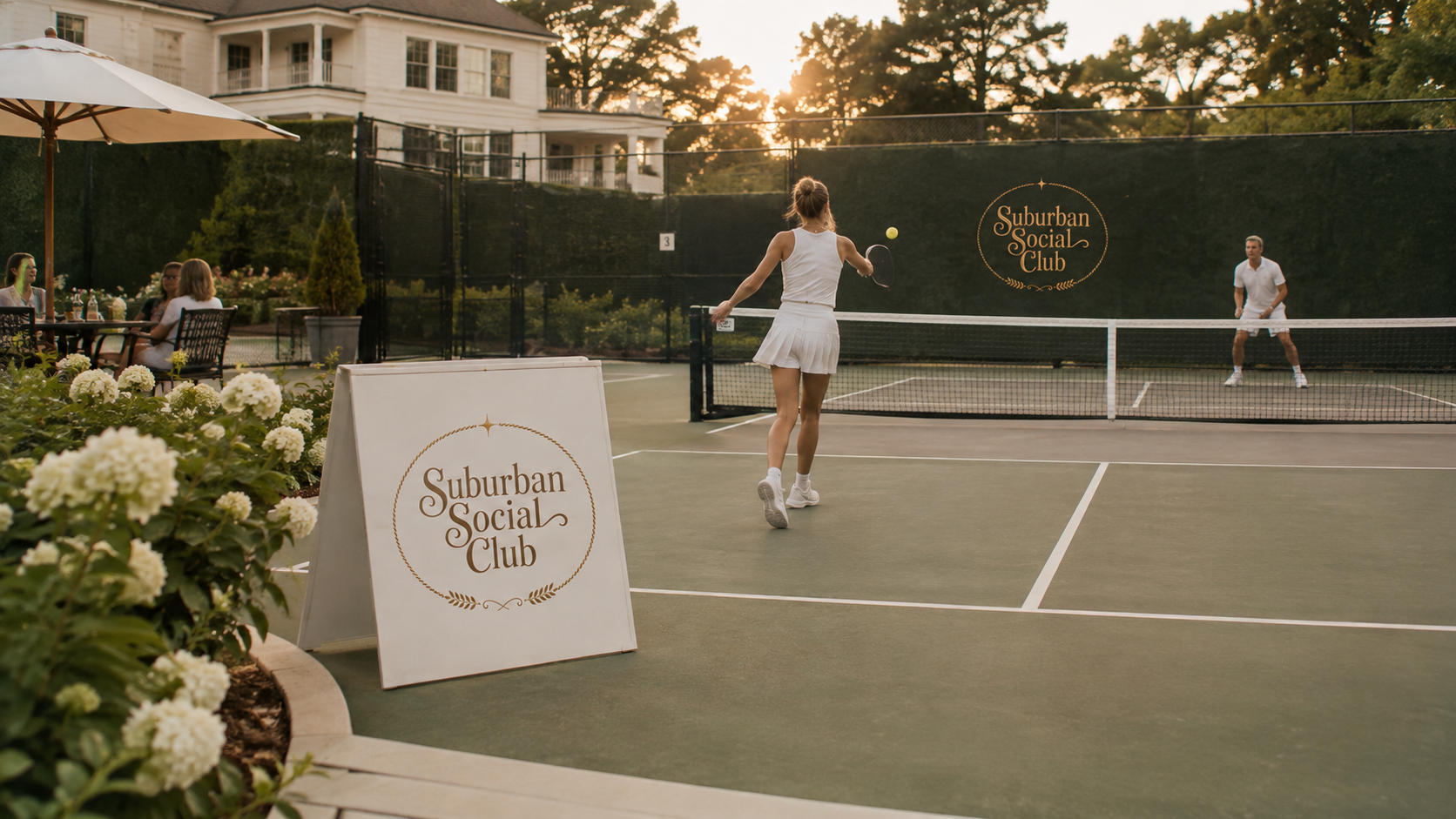 Pickleball rally on a private court at golden hour