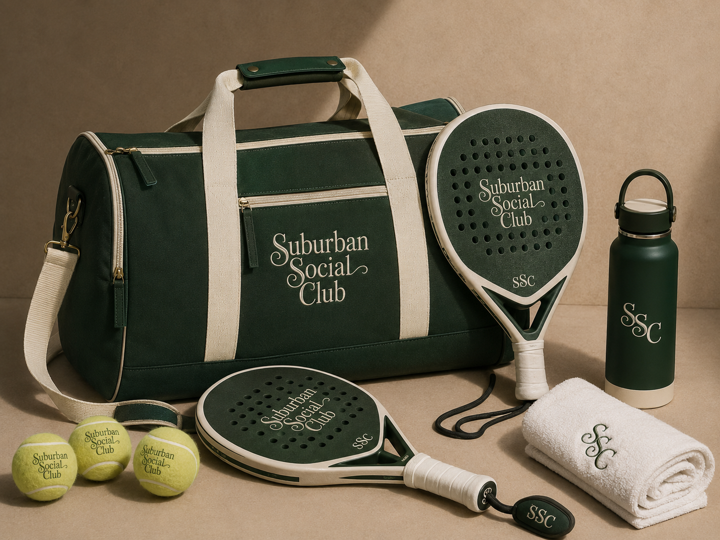 Suburban Social Club duffel bag, paddles, bottle and towel