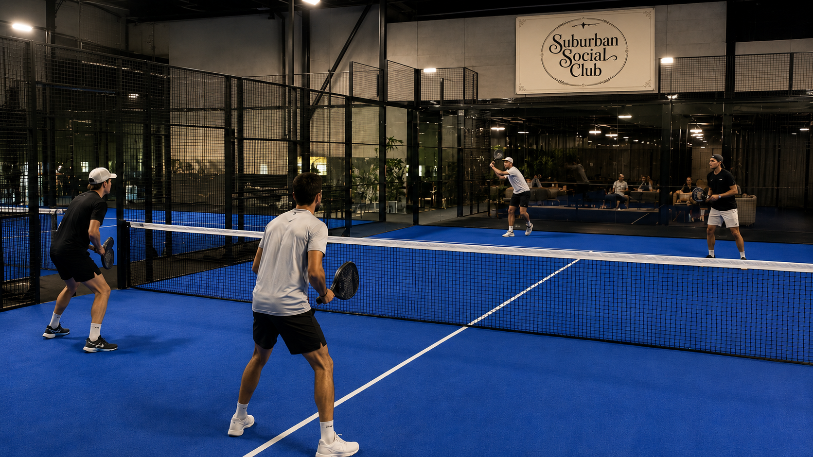 Padel match on an indoor blue court