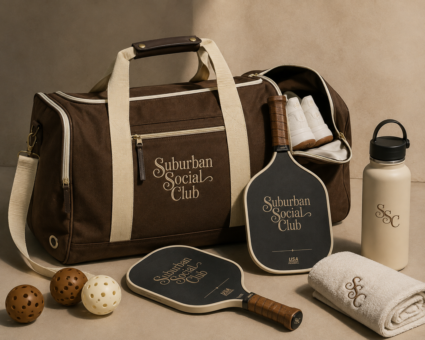 Suburban Social Club duffel bag, paddles, bottle and towel