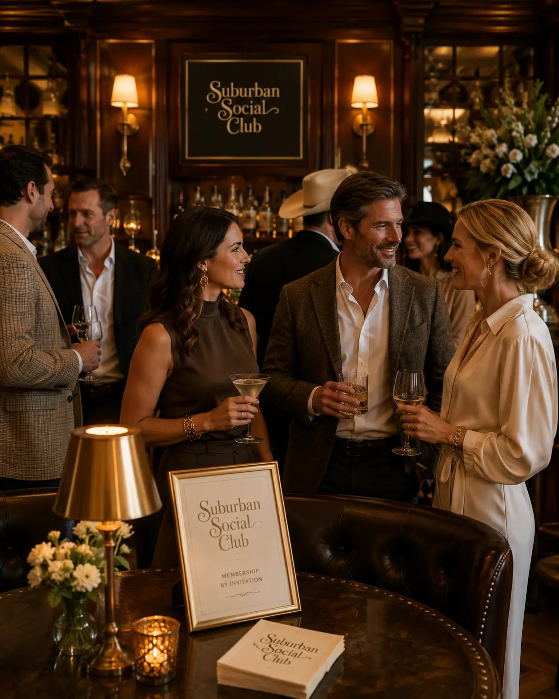 People talking over drinks at an evening gathering
